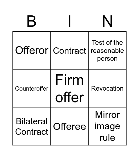 Chapter 7 - Offer & Accpetance Bingo Card