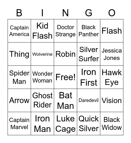 Superhero Bingo Card