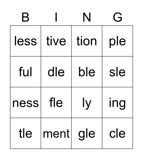 Endings (Suffixes) Bingo Card