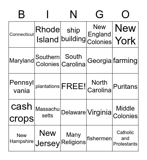 13 Colonies Bingo Card