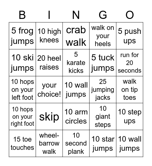 Gross Motor Bingo Card