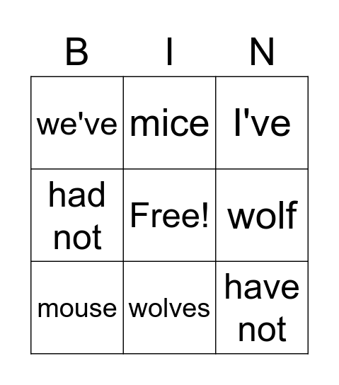 Word Bingo Card