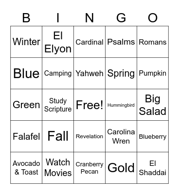 Mom's Favorites Bingo Card