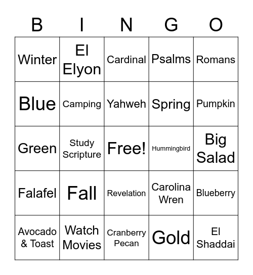 Mom's Favorites Bingo Card