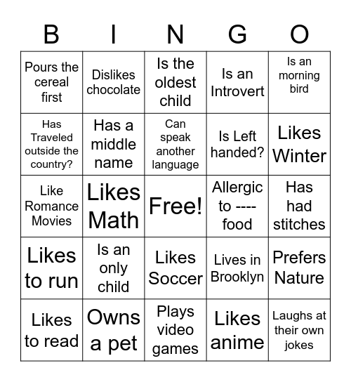 GET TO KNOW YOU Bingo Card