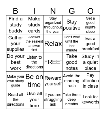 STUDY SKILLS AND TEST TAKING TIPS Bingo Card