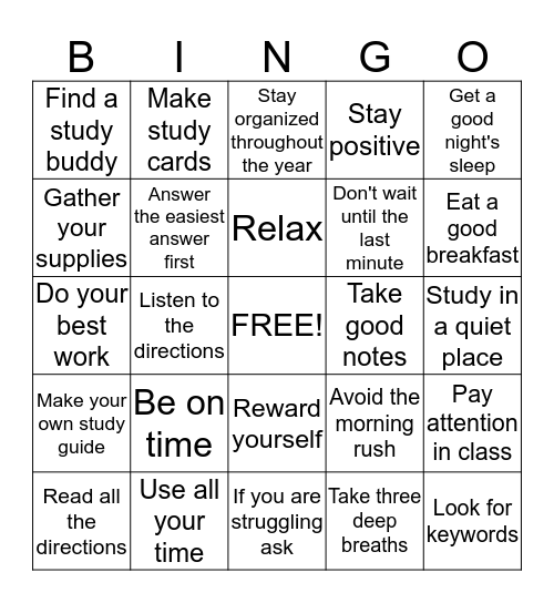 STUDY SKILLS AND TEST TAKING TIPS Bingo Card