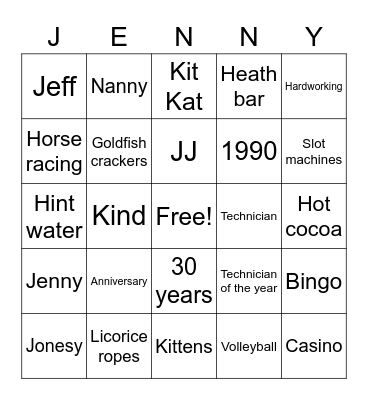 Jenny's 30th Anniversary Bingo Card