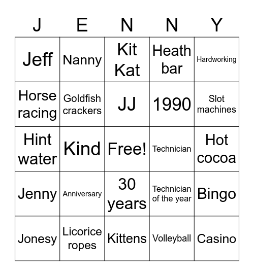 Jenny's 30th Anniversary Bingo Card