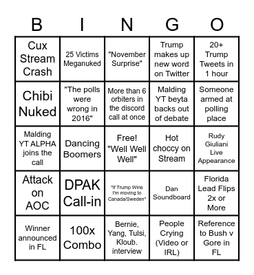 Destiny Election Night Bingo Card