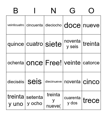 Spanish Numbers Bingo Card