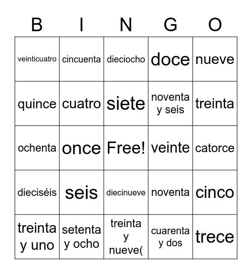Spanish Numbers Bingo Card