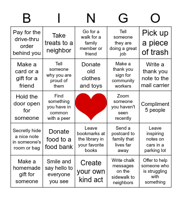 Staff Kindness Bingo Card