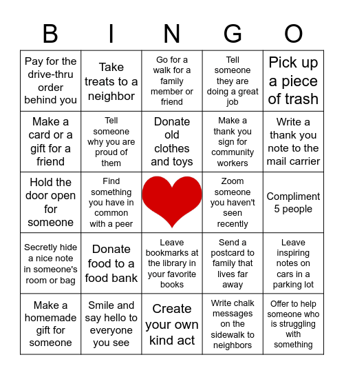 Staff Kindness Bingo Card