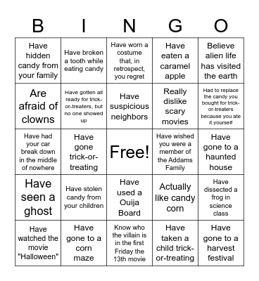 All Hallows Eve Eve Day Bingo Card