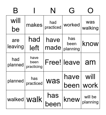 English Verb Tense Review Bingo Card