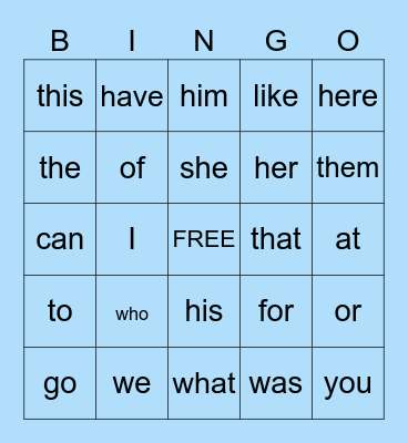 SIGHT WORDS EXAMPLE Bingo Card