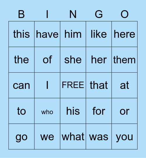 SIGHT WORDS EXAMPLE Bingo Card