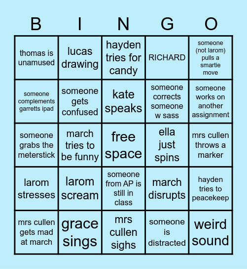 7th Period Physics Bingo Card