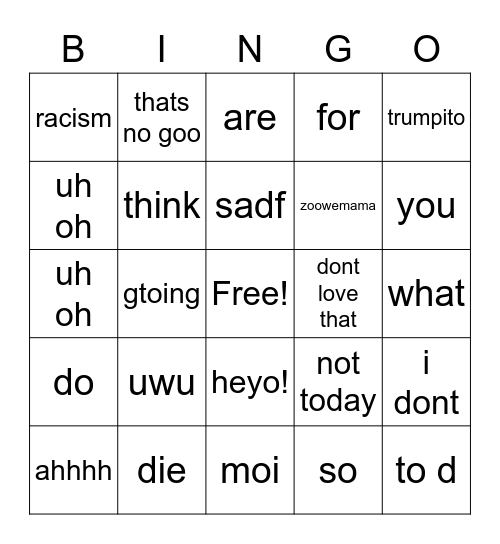 bango bongo Bingo Card