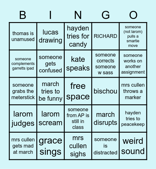 7th Period Physics Bingo Card