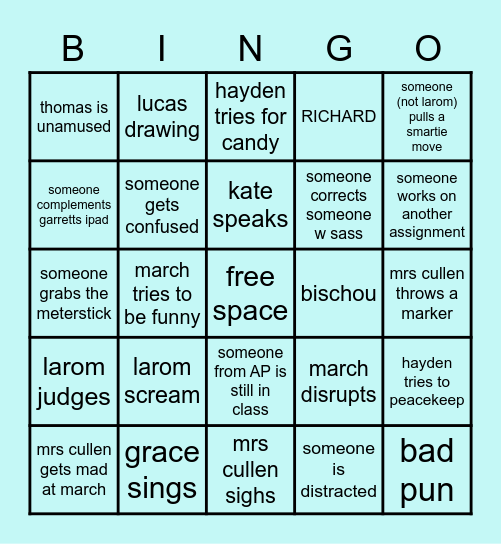 7th Period Physics Bingo Card