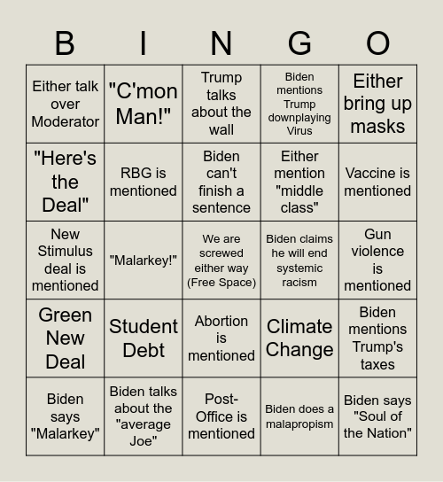 Biden 2020 Bingo Card