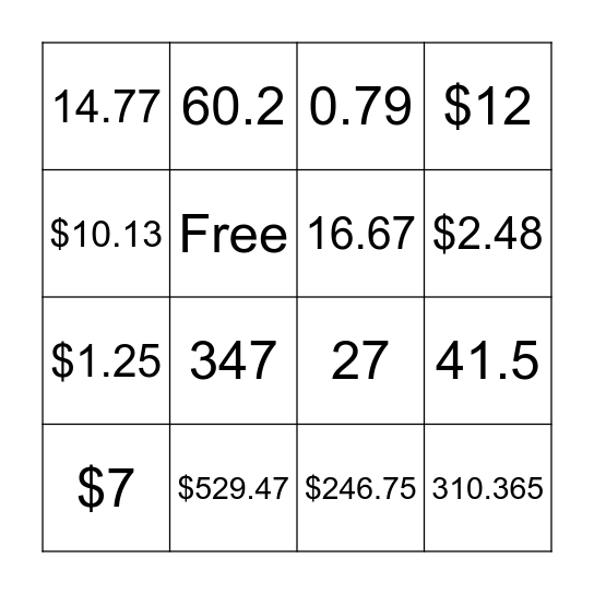 Multiplication & Division Bingo Card