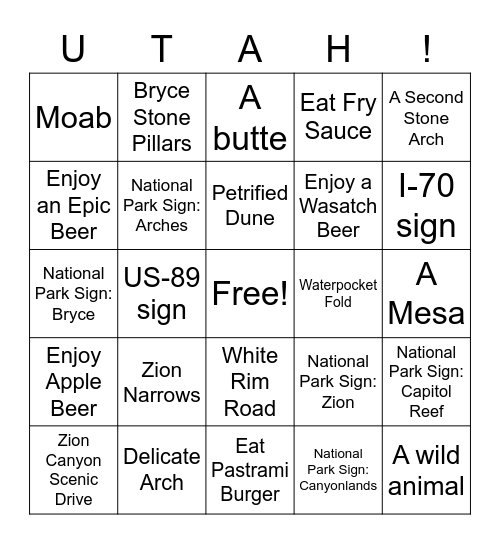 Utah Parks Bingo Card