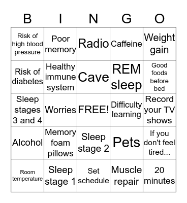 Sleep Hygiene Bingo Card