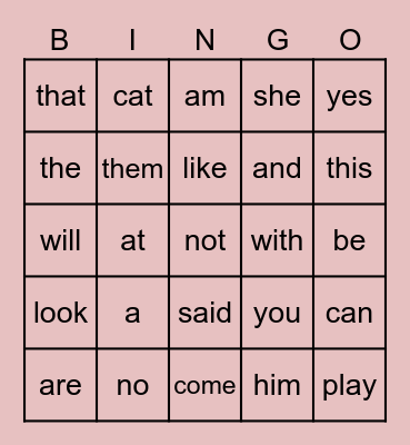 Sight word bingo Card