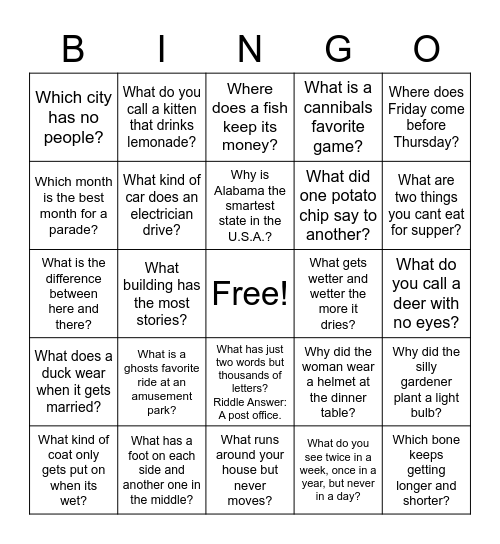Questions For Riddle Bingo Card