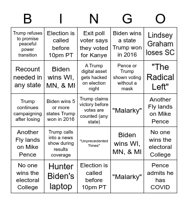 Booze Fairy & Friends 2020 Election Bingo Card