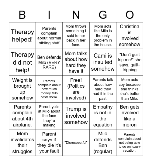 Milo Traumatic Incident Bingo Card