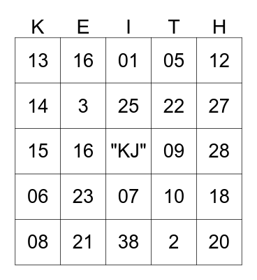 We love Keith "KJ" Bingo Card