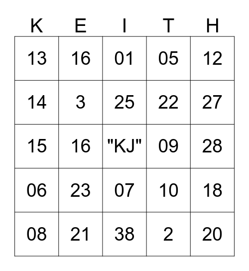 We love Keith "KJ" Bingo Card