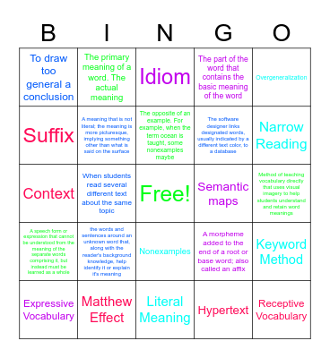 Vocabulary Project Bingo Card