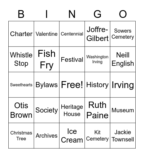 Irving Heritage Society Bingo Card