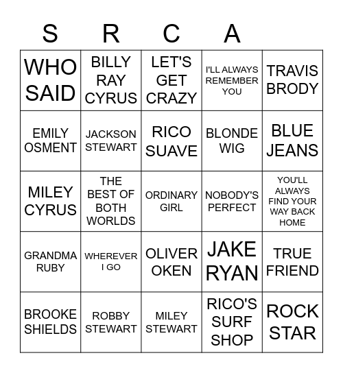 HANNAH MONTANA Bingo Card
