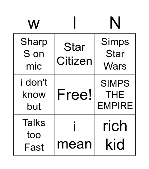 Fluffs Bingo Card