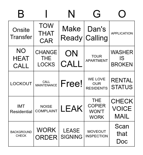 APARTMENT BINGO Card