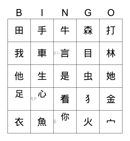 Chinese Characters CSL4/5 Bingo Card