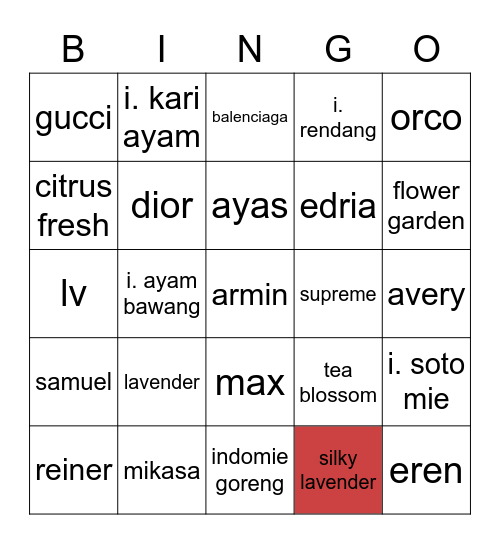 Edria Cantik Bingo Card