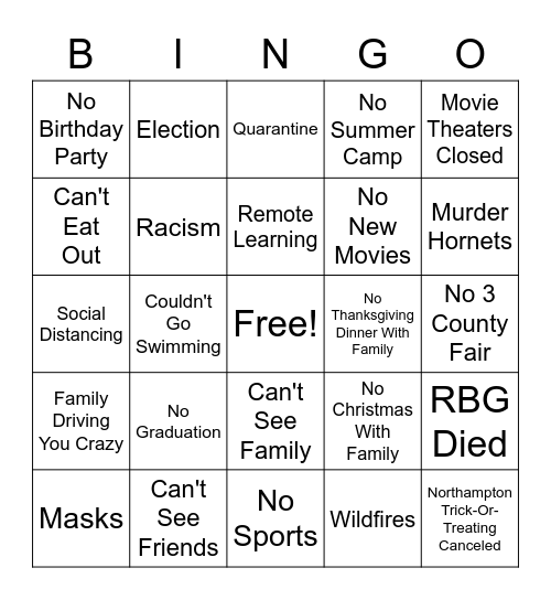 2020 Sucks Bingo Card