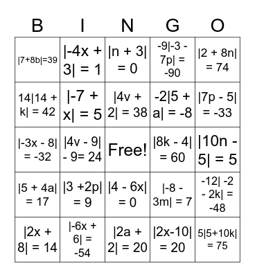 Absolute Value Equations Bingo Card