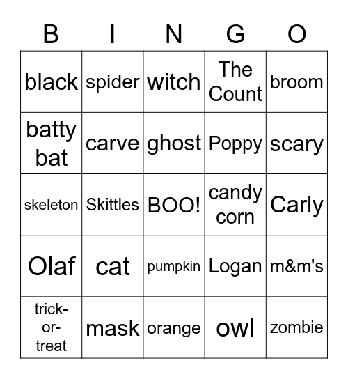 Halloween Words Bingo Card