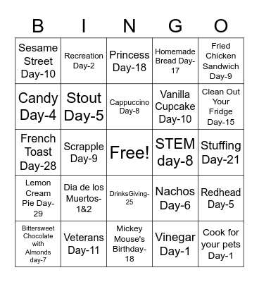 Celebrate November Bingo Card