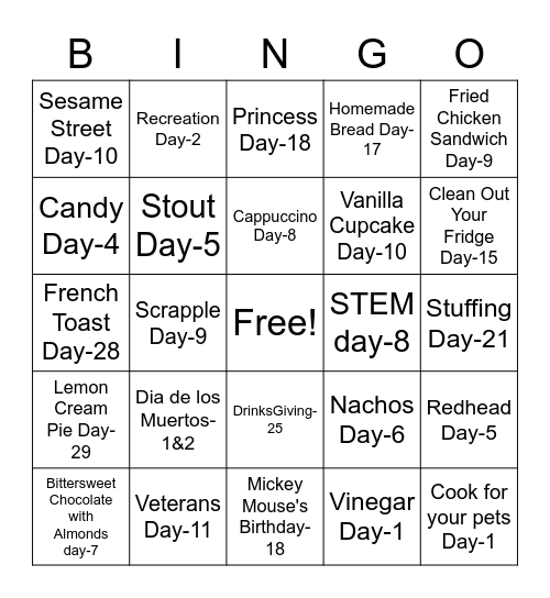 Celebrate November Bingo Card