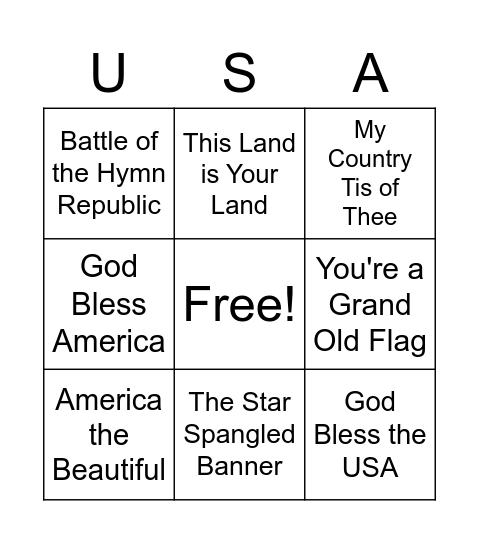 Patriotic Songs Bingo Card