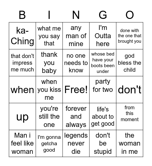 Shania twain Bingo Card